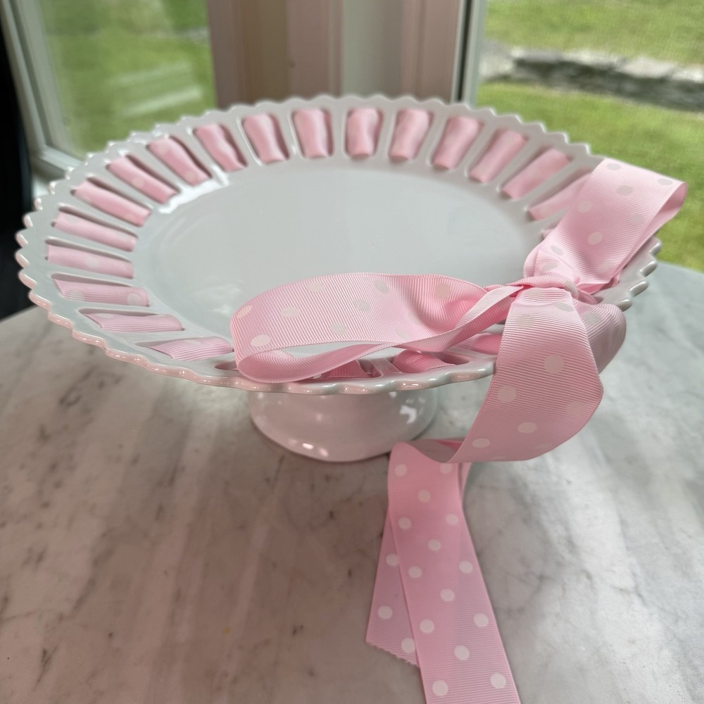 VTG Godinger 12" Cake Plate Stand Pedestal White Interchangeable Pink Ribbon